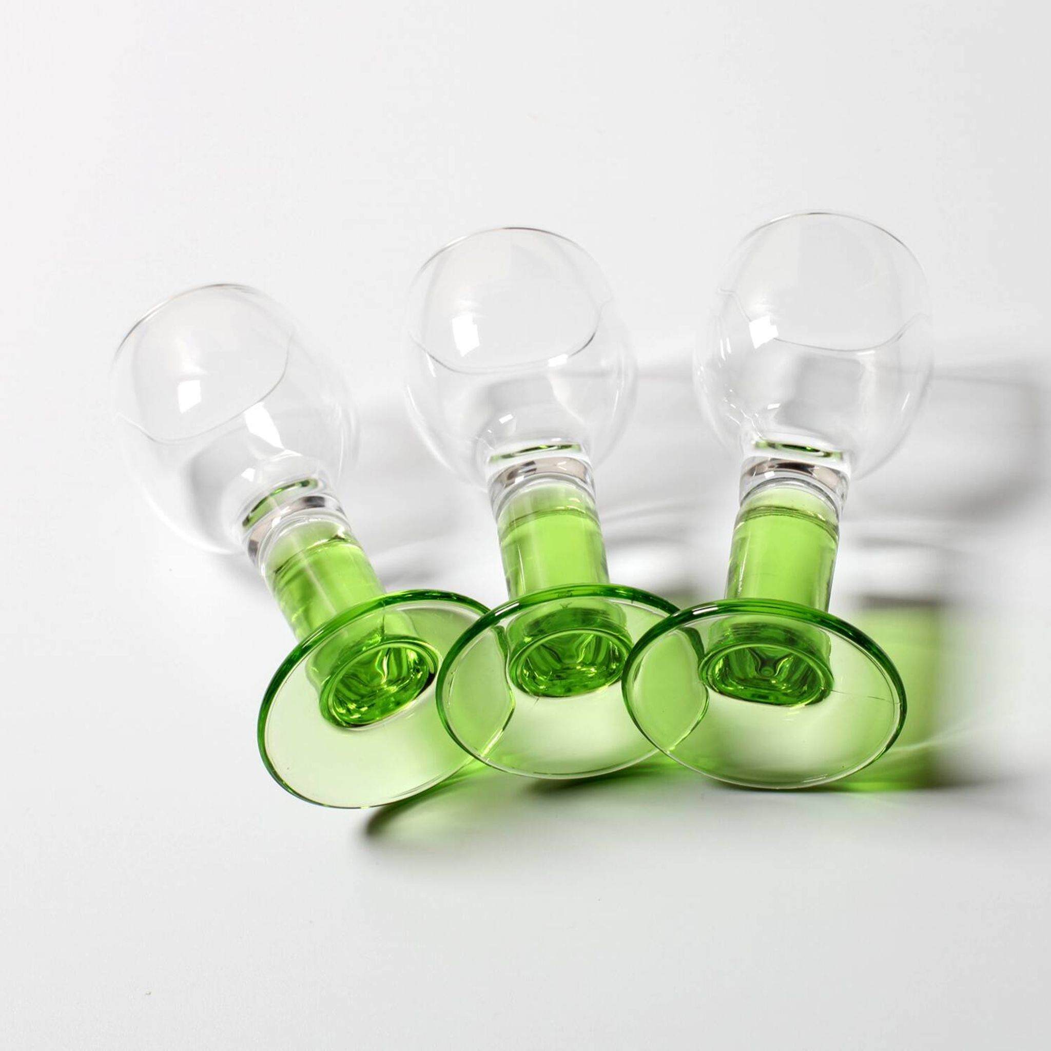 Set of 3 Vintage Limoncino Liqueur Glasses, Green Stem Shot Stemware / 1970