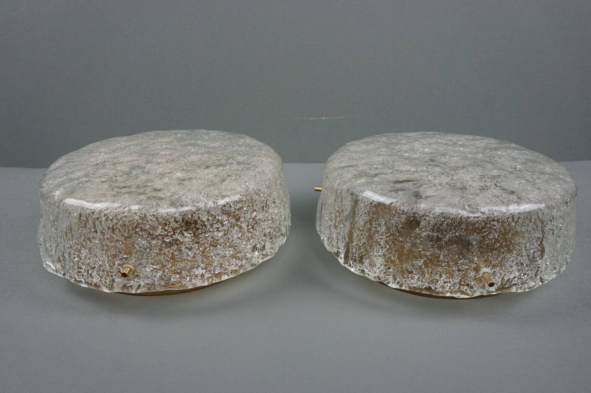 Set of two vintage ceiling lights made of ice glass from the 1970s