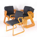 Set of 8 wooden and fabric chairs