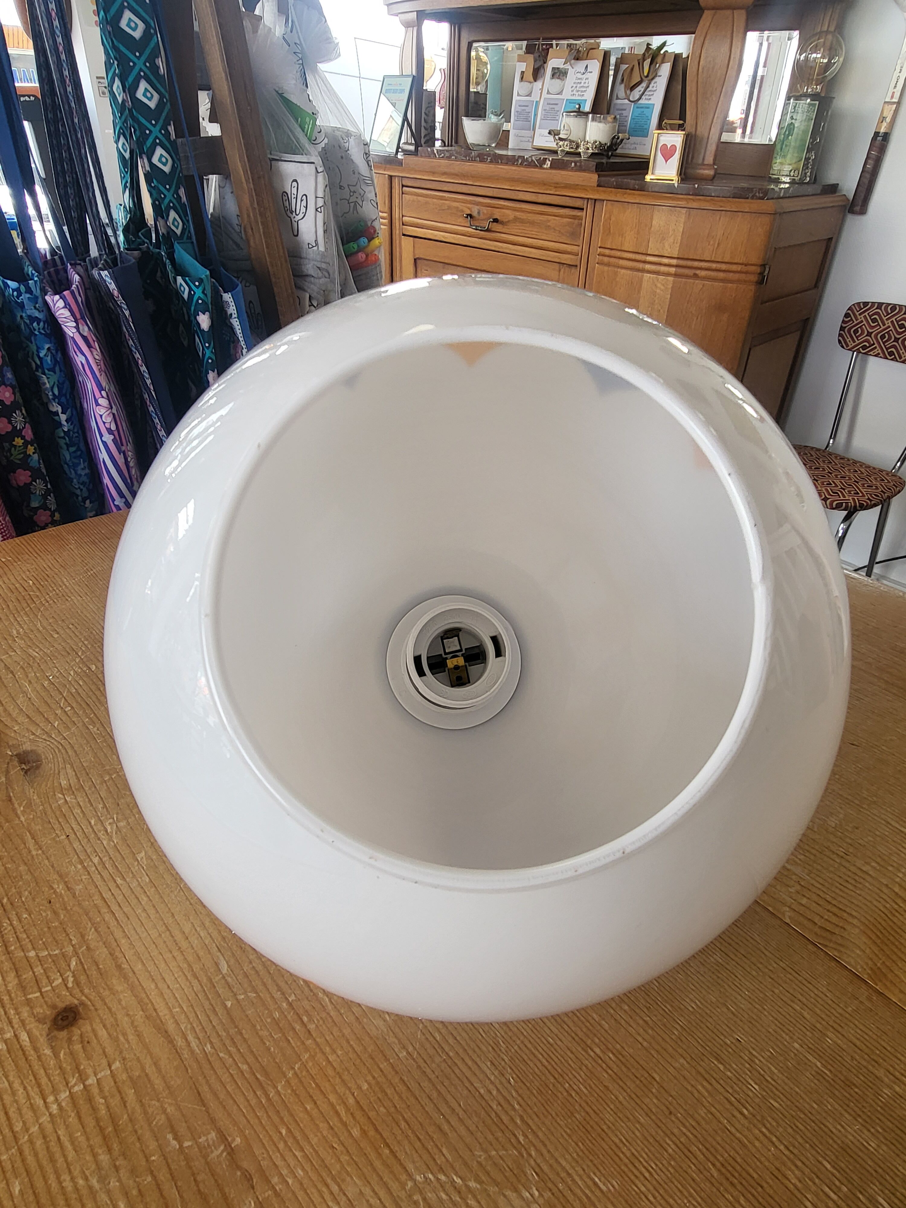 Suspension ball in opaline white geometric patterns orange and blue years 60/70