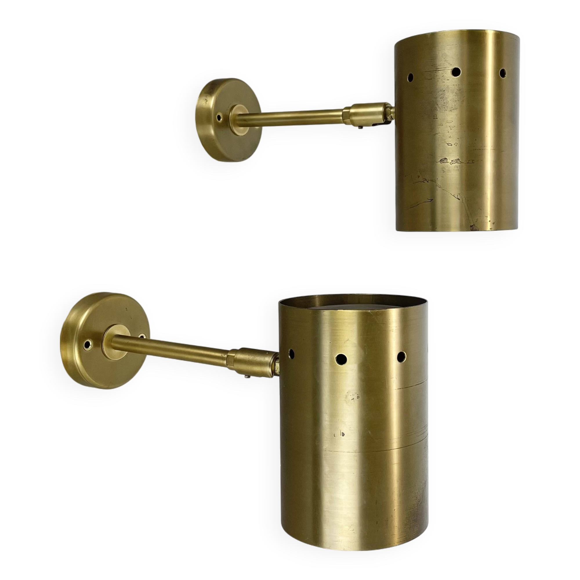 Set of two large minimalist Brass "tube" Wall Light Sconces, Italy 1970s