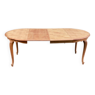 Louis XV extendable round table in solid raw oak 210cm and marquetry