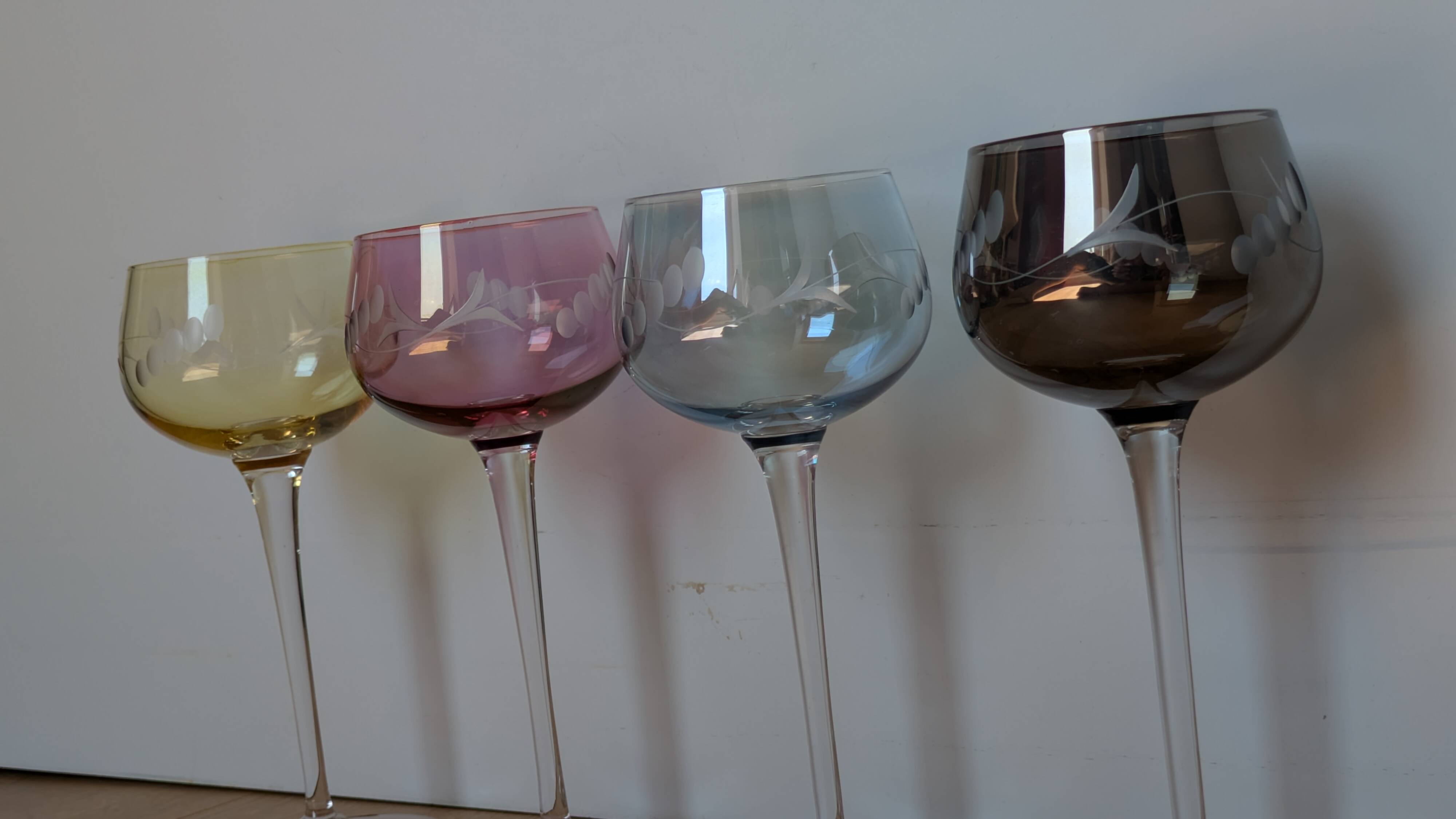 Set of 4 Hand Engraved "Harlequin" Colored Crystal Wine Glasses 1960