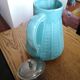 Vintage pitcher in blue ceramic and metal pourer