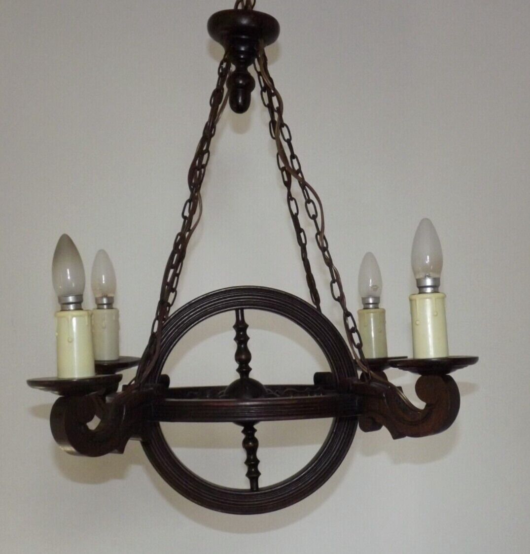 French vintage rustic 4 light wheel chandelier hand