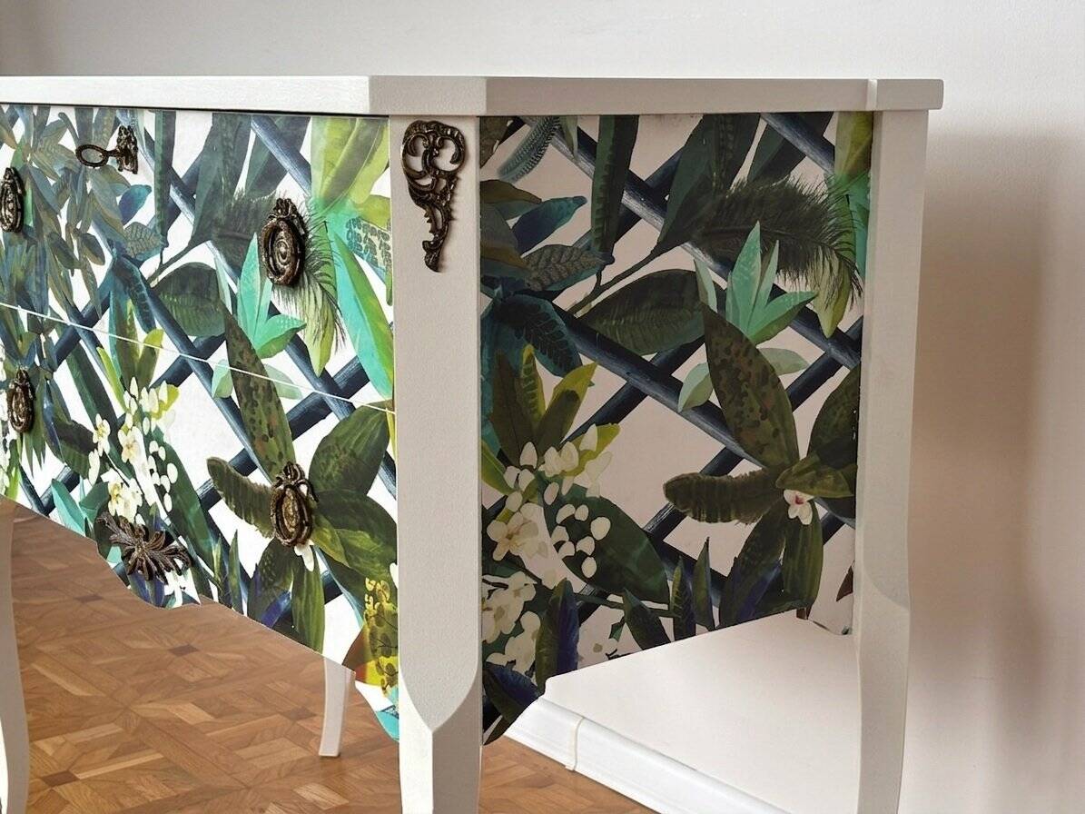 Gustavian commode with wallpaper from Christian Lacroix, 1950s