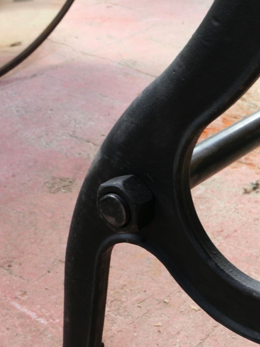 Industrial table solid oak tray and cast-iron footing