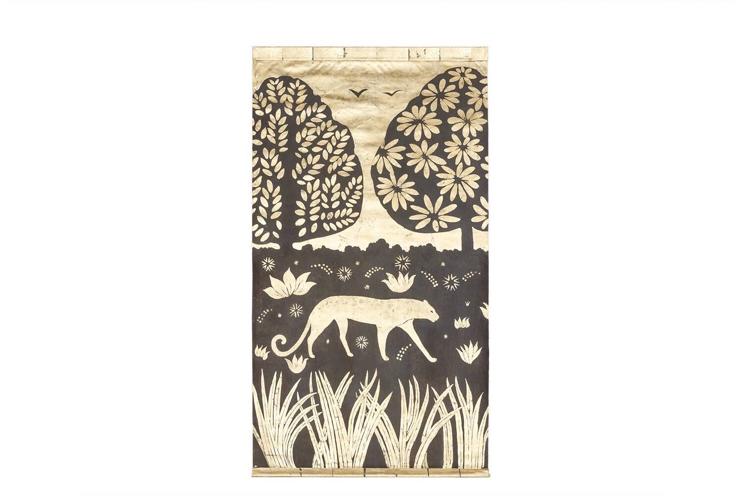 Painted canvas. Panther on a golden background. Contemporary work