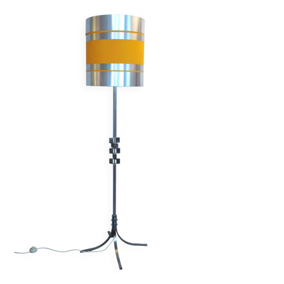 Lampadaire à grand abat-jour orange et métal années 60