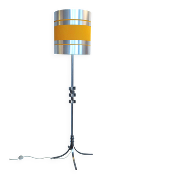 Lampadaire à grand abat-jour orange et métal années 60