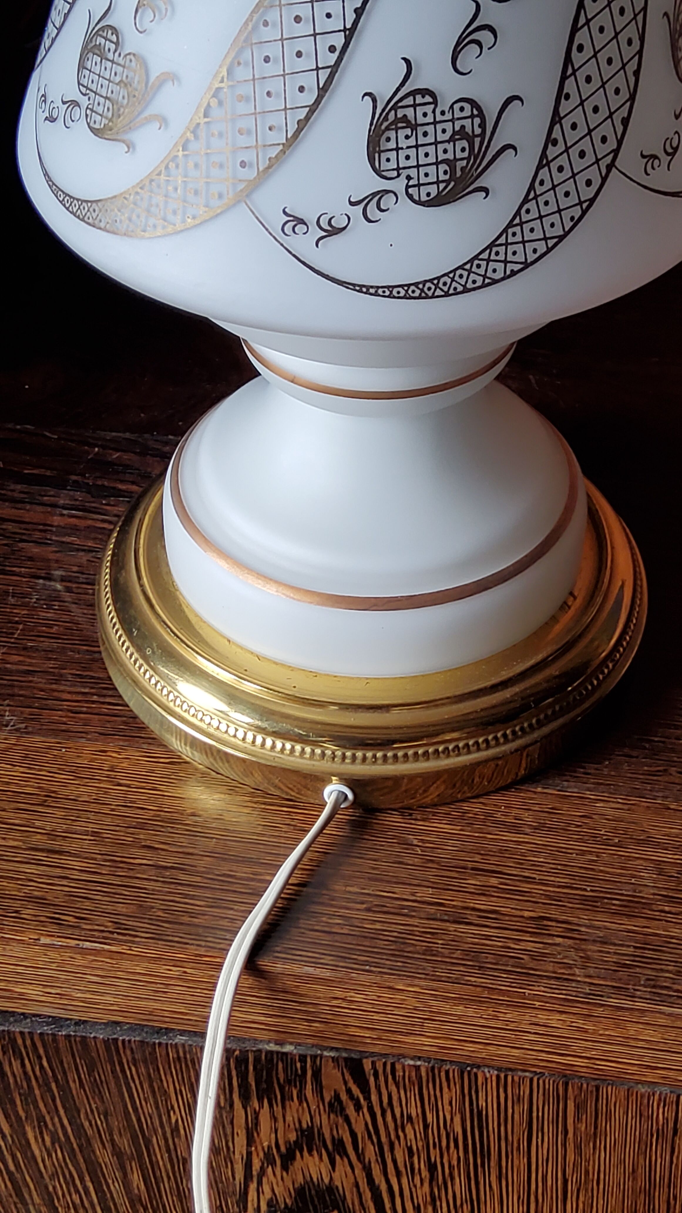 Vintage lamp of the 50s in white and golden opaline glass lampshade in red satin 75cm