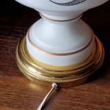 Vintage lamp of the 50s in white and golden opaline glass lampshade in red satin 75cm