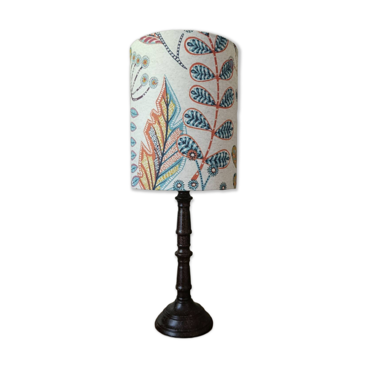 Aged metal table lamp, botanical shade
