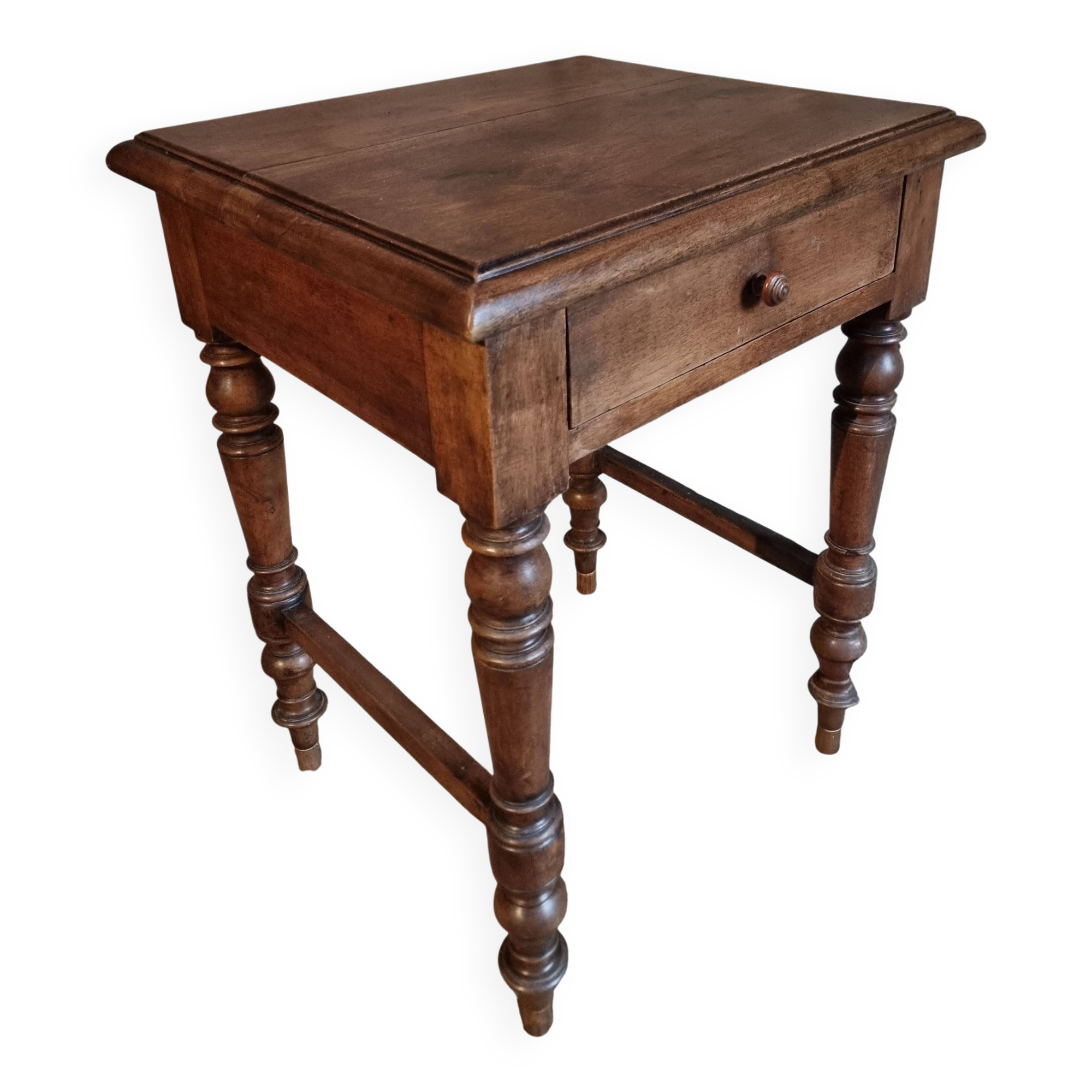 Antique French side table in walnut – 19th century, Louis Philippe style, solid walnut table with drawer (1870–1900)