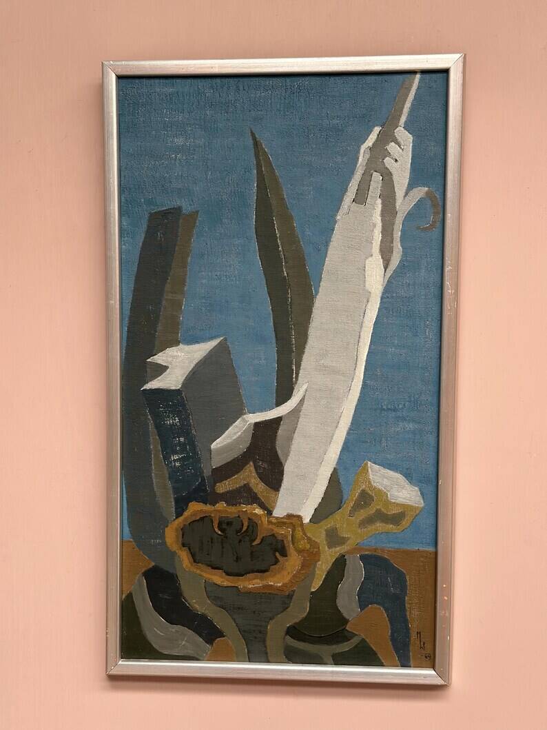 Original Swedish Oil on Canvas – "Aqave" by Marit Wahlström Schönbäck – Signed – Dated 1969 – Framed – 37 × 64 cm