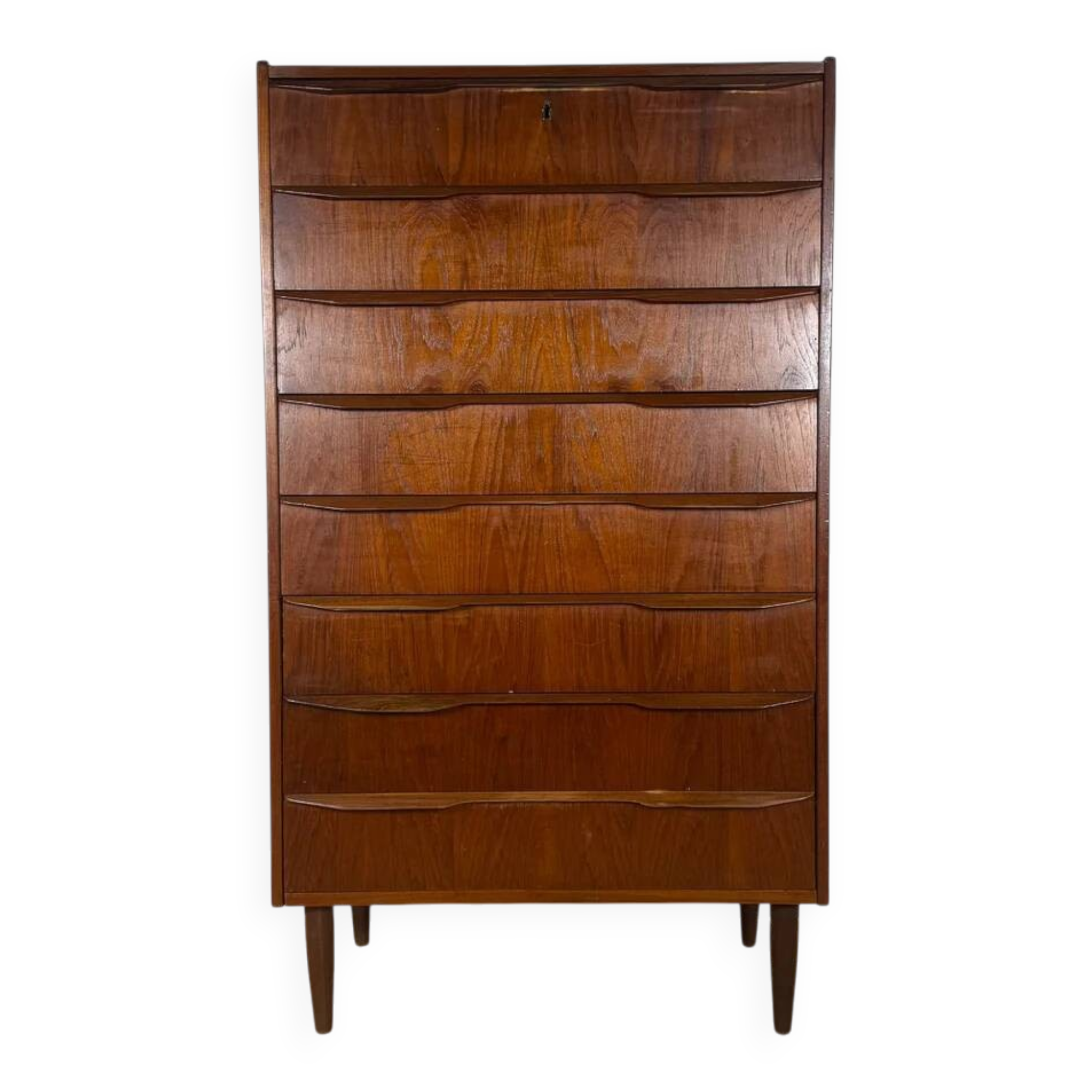 Mid-century Danish high chest of drawers with eight teak drawers.