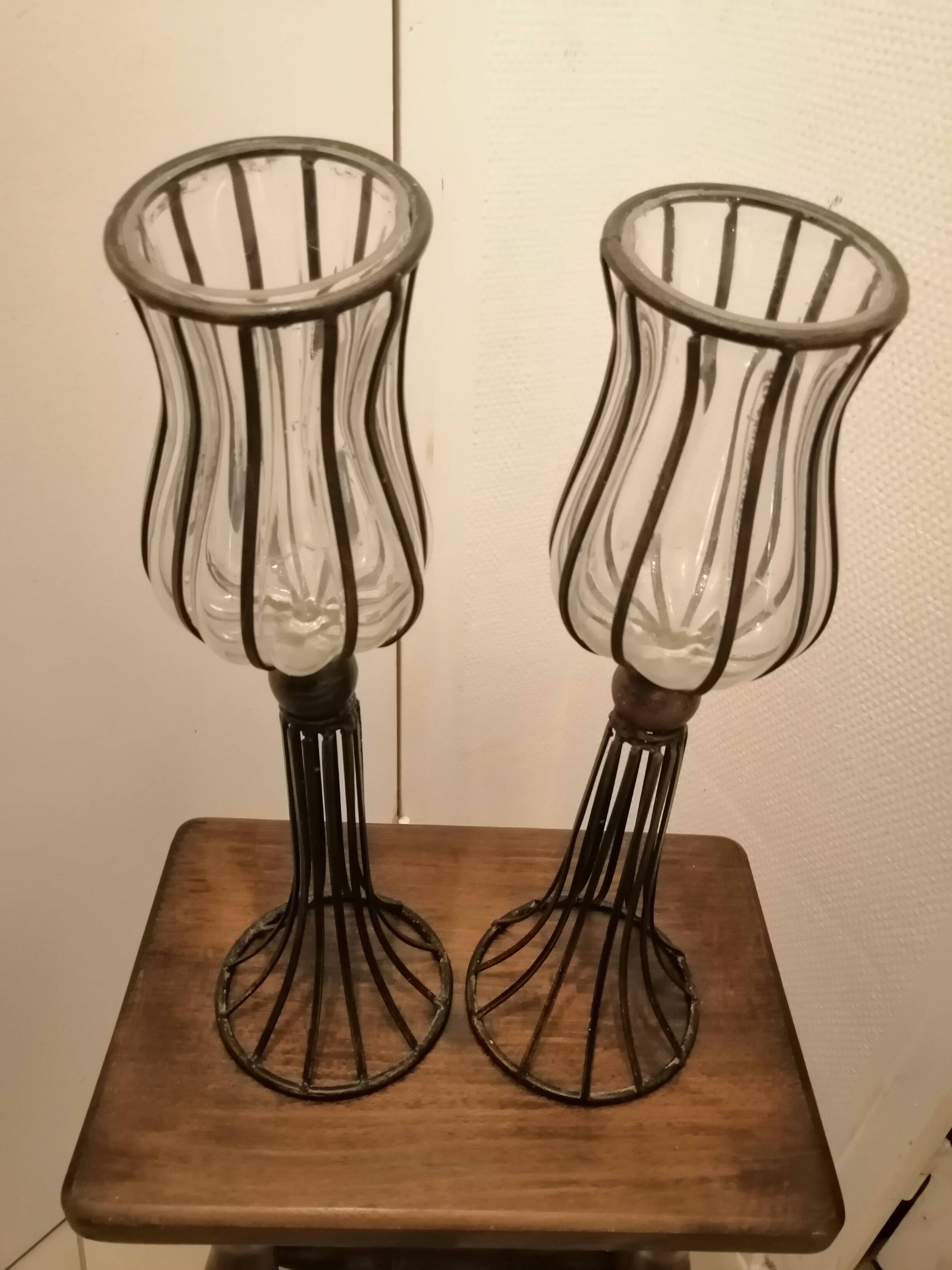 Pair of vintage/retro glass and metal vases