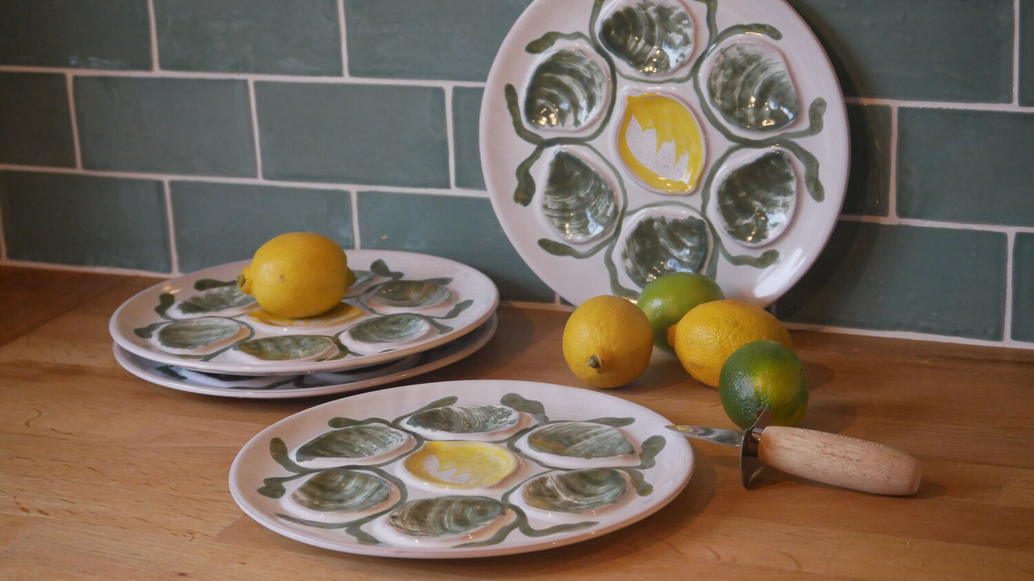 Set of 4 Belon earthenware oyster plates – 25 cm – yellow & green