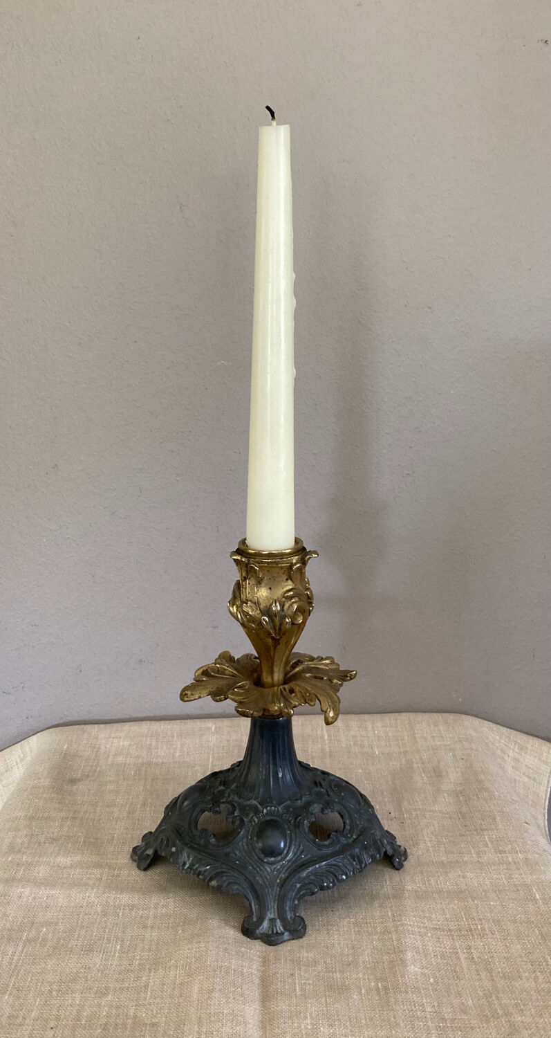 Louis XV candlestick in solid bronze openwork pewter base early twentieth century