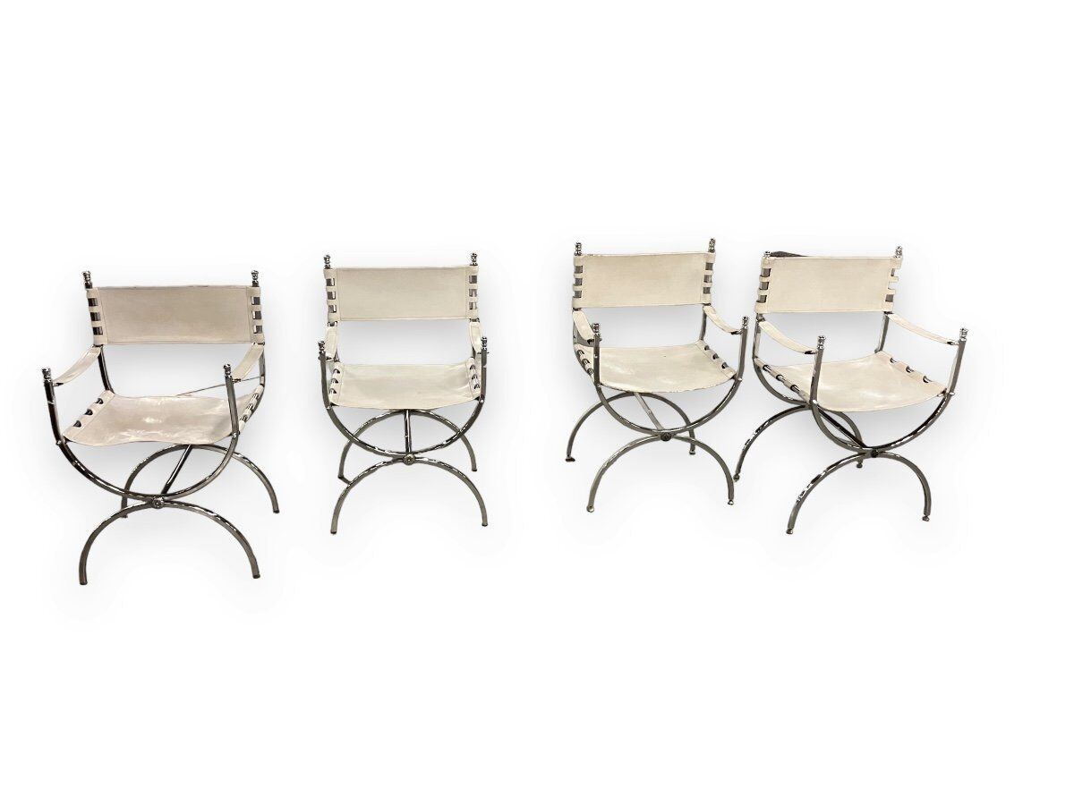 Maison Jansen Set of 4 armchairs Emperor Savonarola White leather and chromed metal
