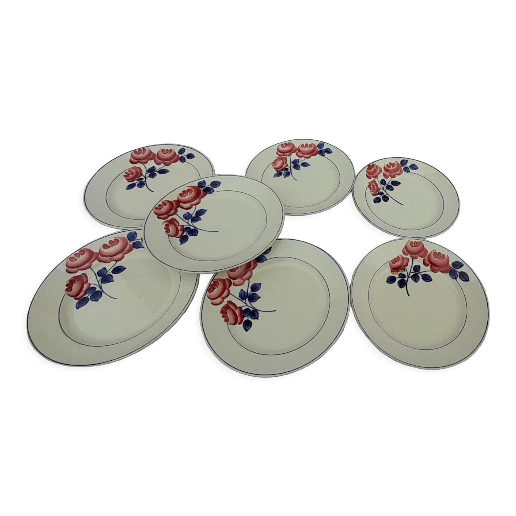 7 flat earthenware plates H B C M Hyppolite Boulenger Creil Montereau diam 22 cm Red roses