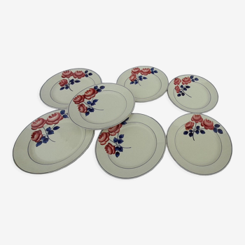 7 assiettes plates en faïence H B C M Hyppolite Boulenger Creil Montereau diam 22 cm Roses rouges