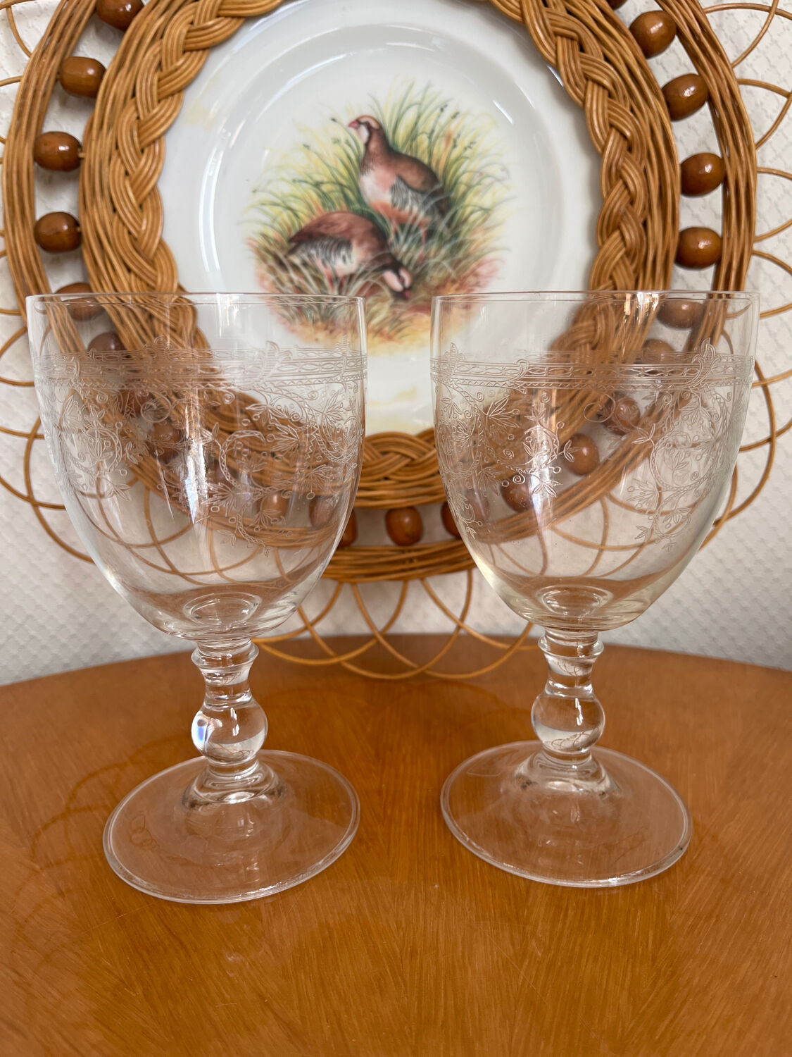 Set of two engraved glass wine glasses