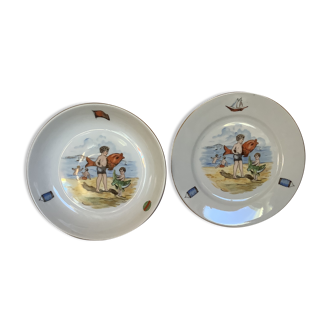 Pair of old children's plates at the sea Royal Crown Germany