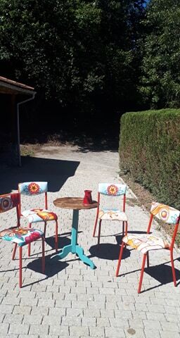 Schoolboy chair lined with colorful fabric