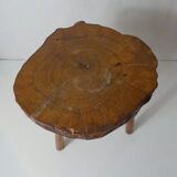 Brutalist side table tripod in vintage wood