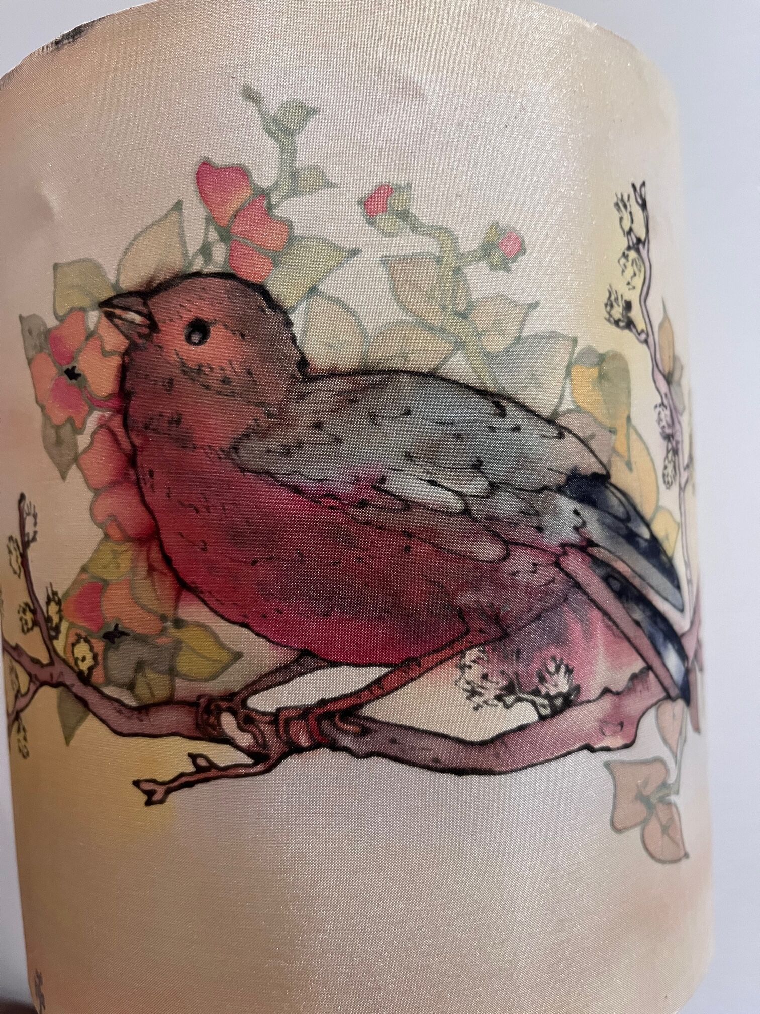 Wooden lamp and lampshade with bird decoration