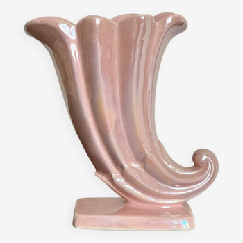 Vase cornet vintage rose clair - vase en céramique et émail nacré - soliflore années 1980