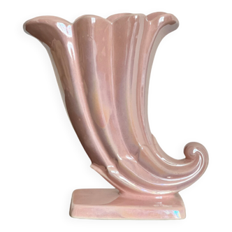 Vase cornet vintage rose clair - vase en céramique et émail nacré - soliflore années 1980