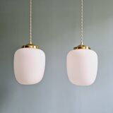 Pair of Scandinavian pendant lights in white satin glass, 1960s