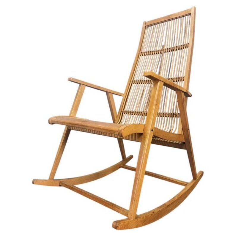 Rare Midcentury Wood and Rattan Rocking Chair, Denmark, 1960s