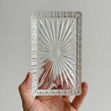 Metal butter dish and thick rectangular glass bowl.