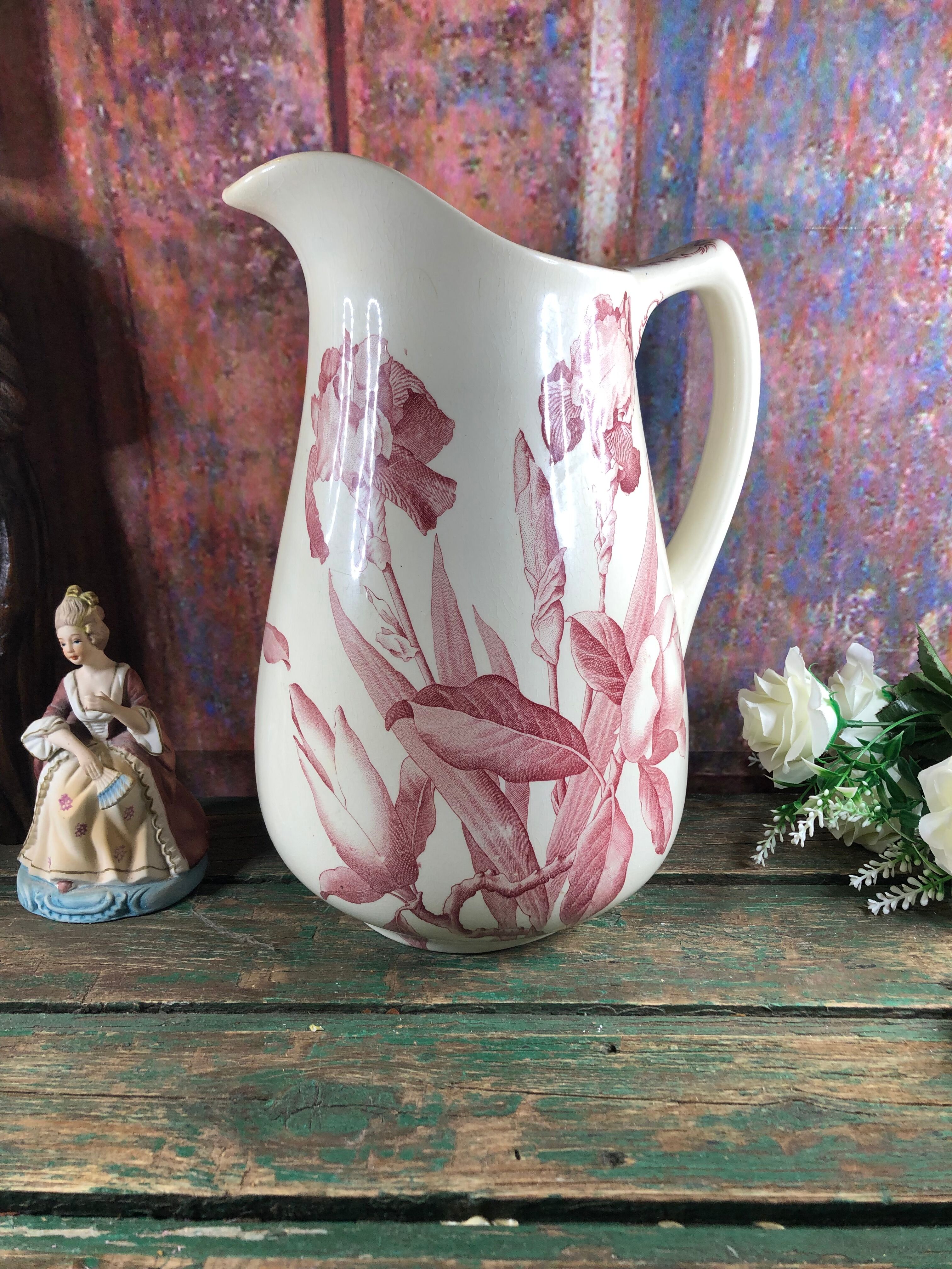 Pitcher jug or white broc decorated with pink flowers magnolia shabby chic