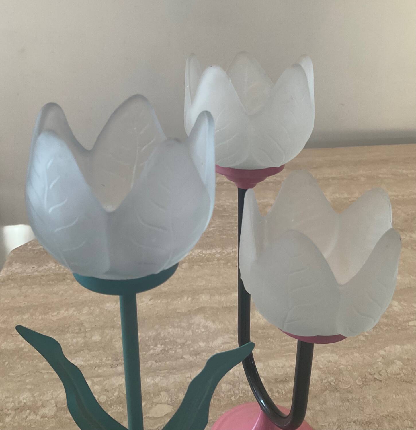 Duo of vintage metal and glass candlesticks