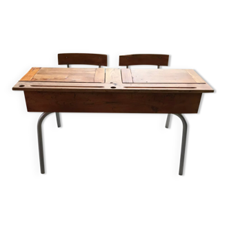 Double school desk in wood and metal