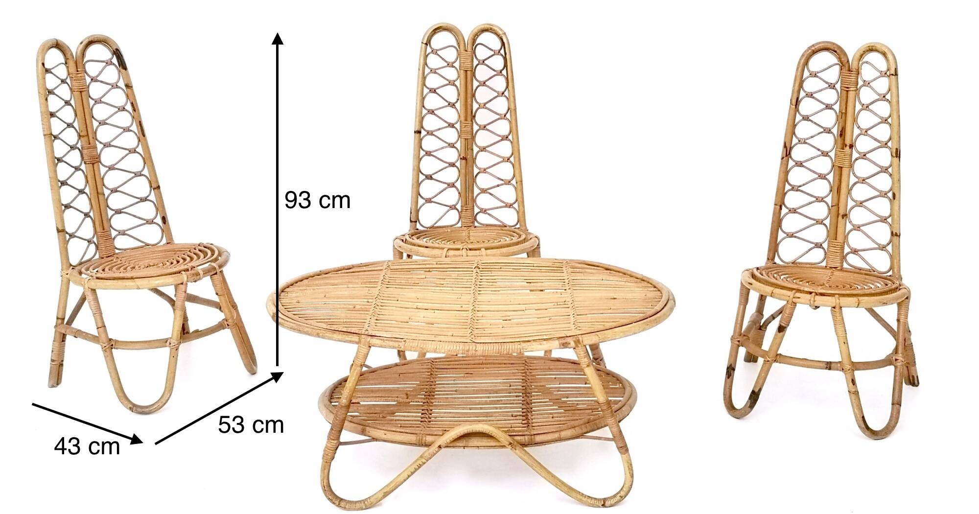 Ensemble de trois chaises de jardin en bambou, Italie