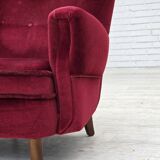 1960s, Danish armchair, cherry-red furniture velour, beech wood legs.