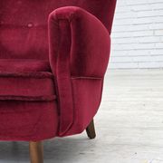 1960s, Danish armchair, cherry-red furniture velour, beech wood legs.