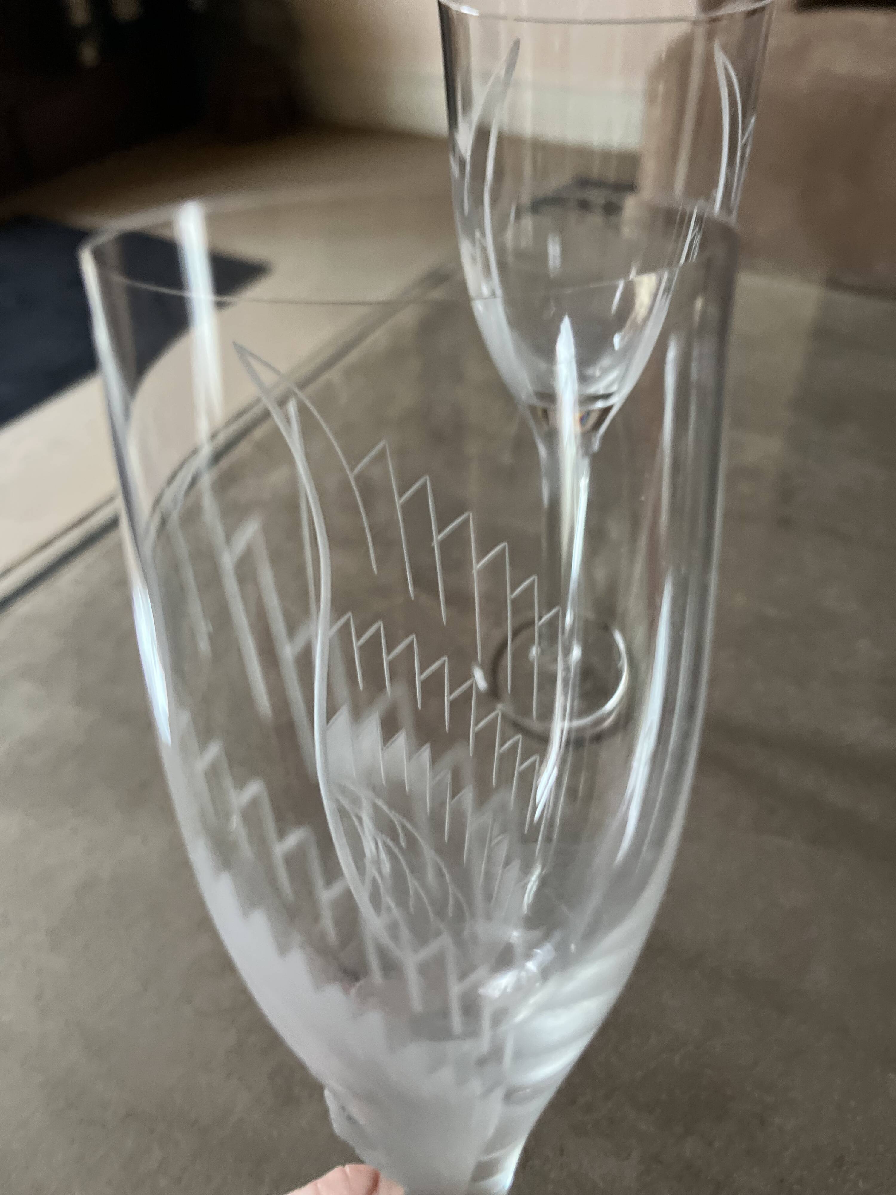 Set of two champagne glasses, crystal, Lalique France, angel model.