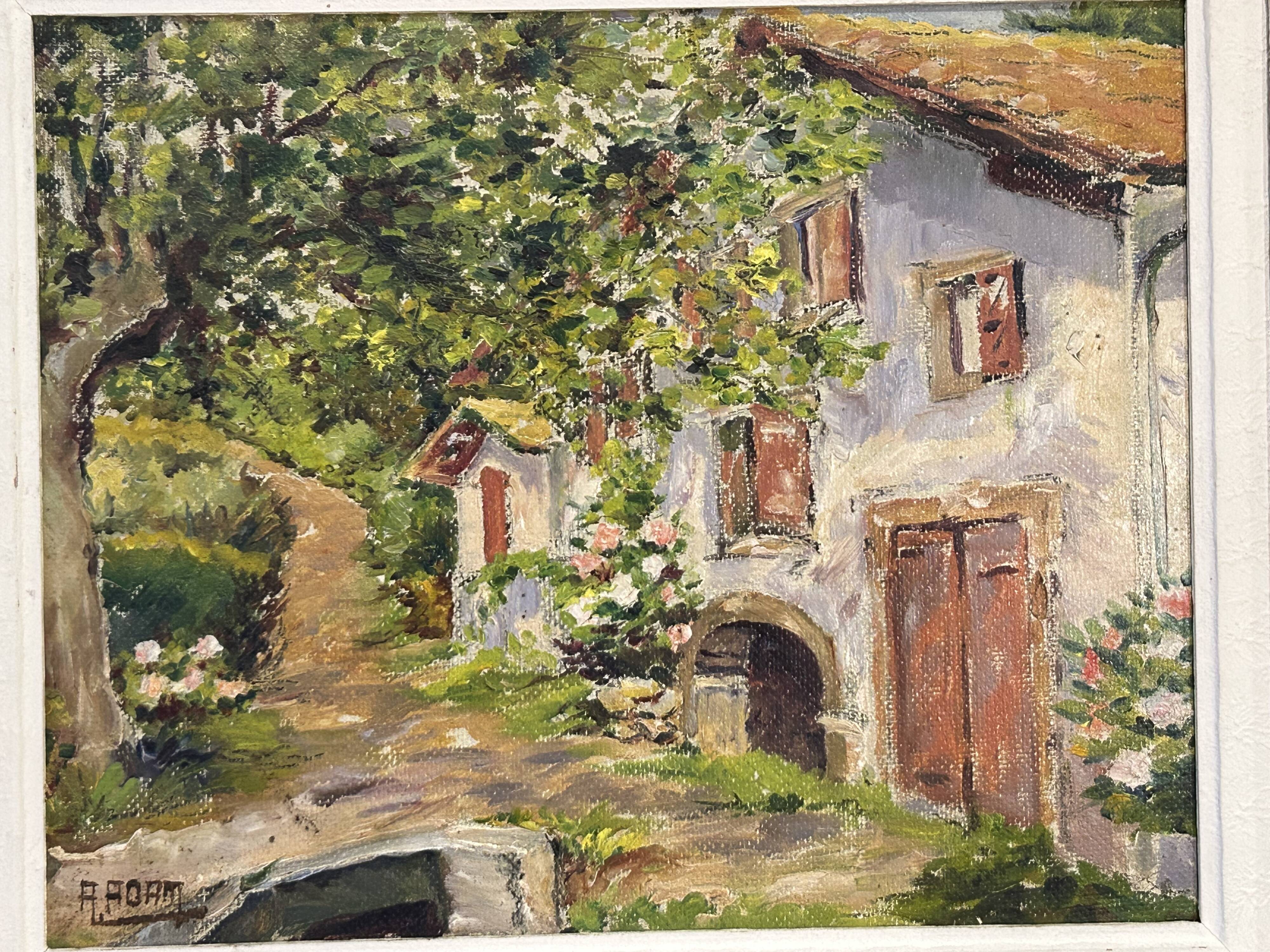 Oil on panel View of a villa in the South of France signed A. Adam circa 19