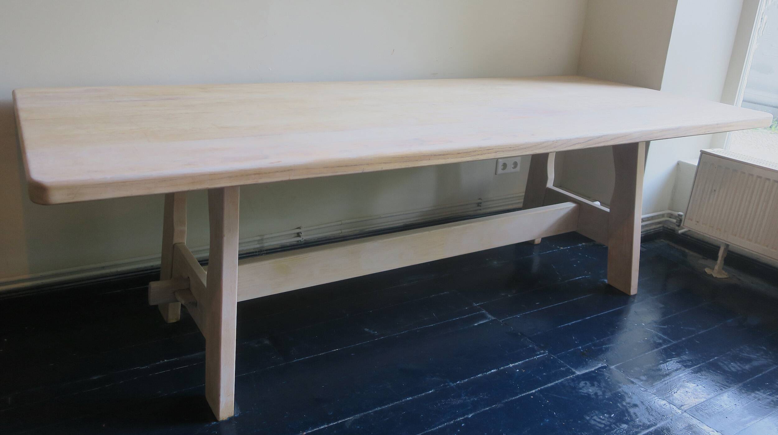 Large farmhouse trestle table in limed oak, 1940s-50s