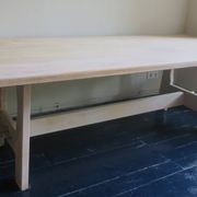 Large farmhouse trestle table in limed oak, 1940s-50s