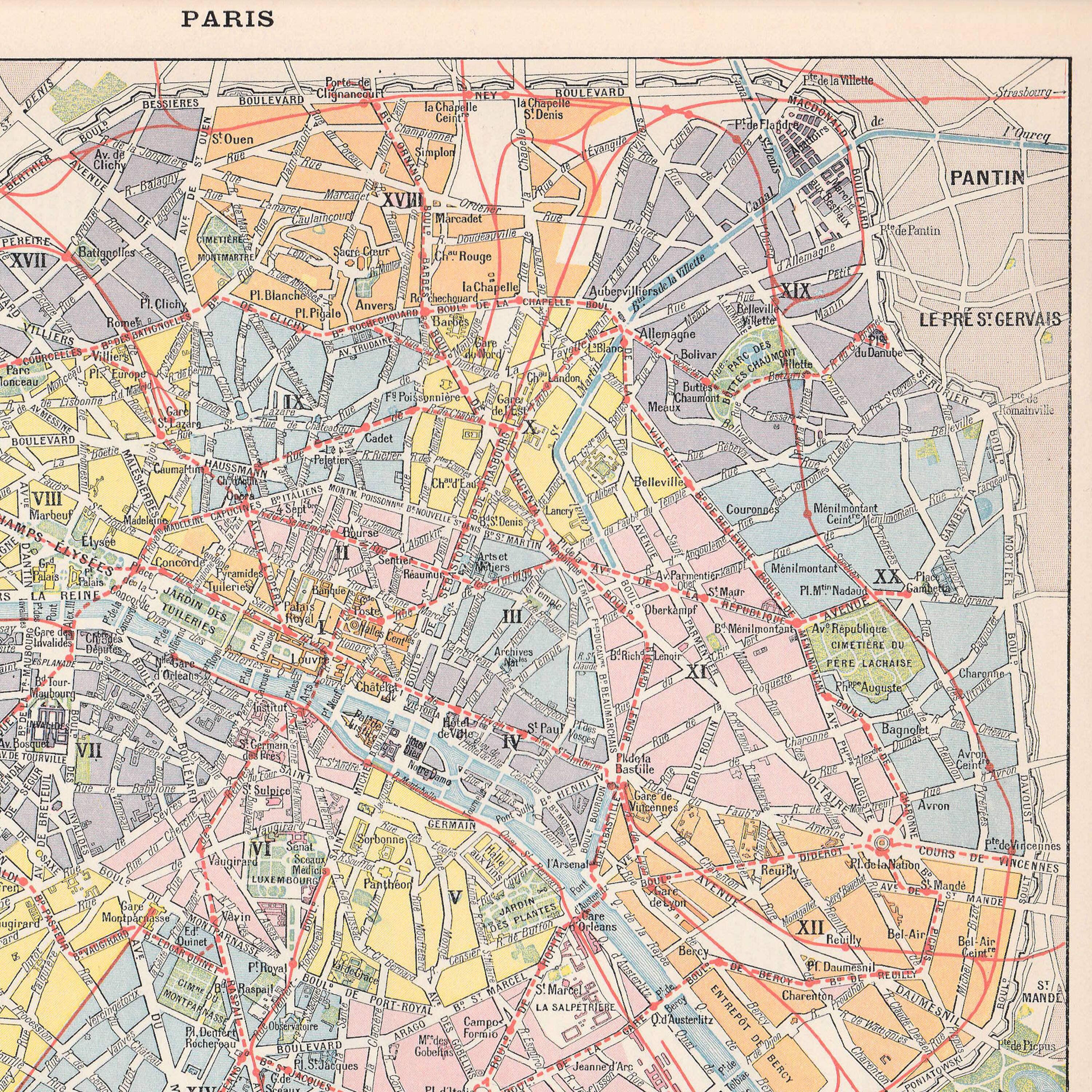 Old map of Paris, late 19th century