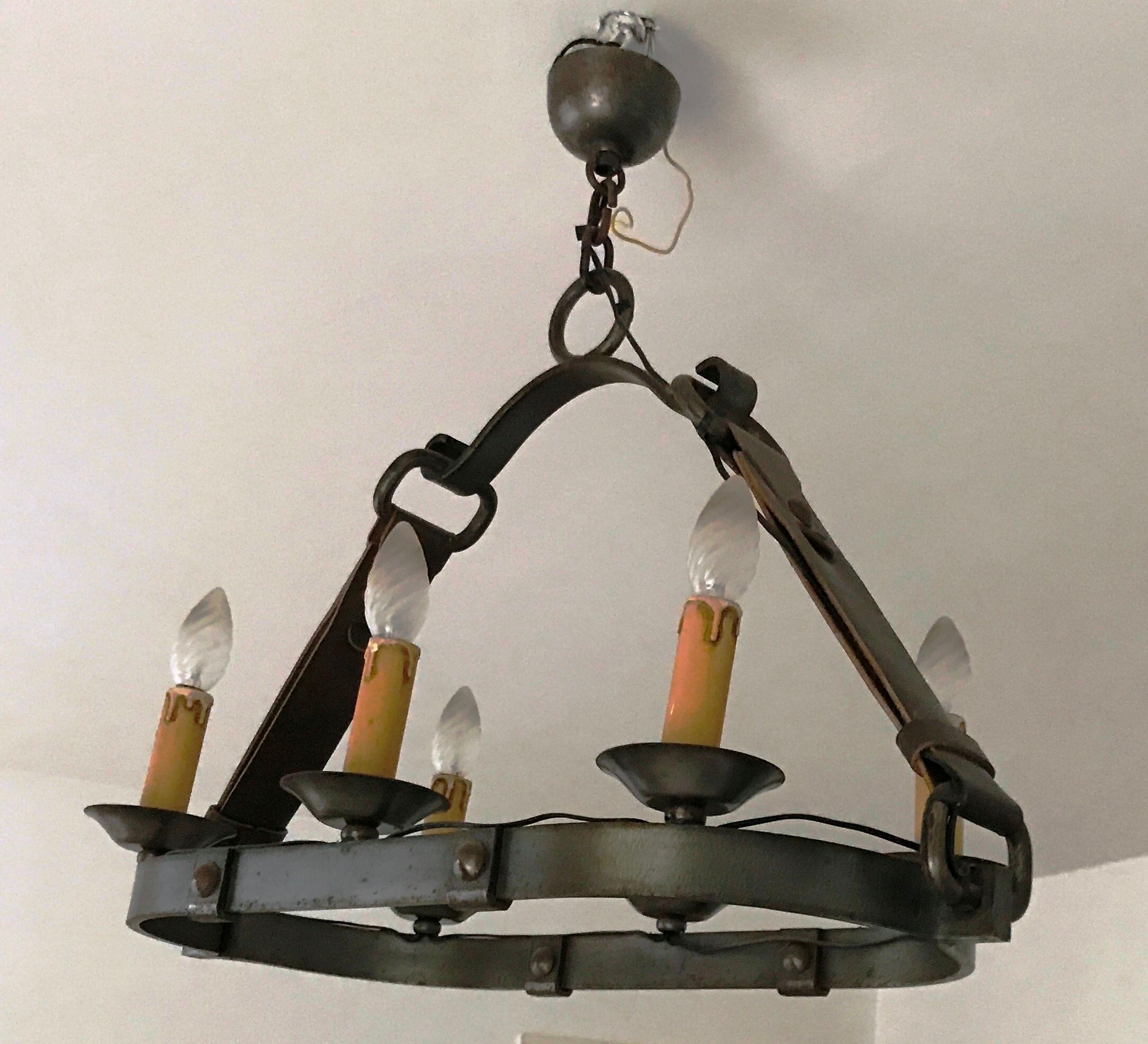 Lustre vintage métal et cuir