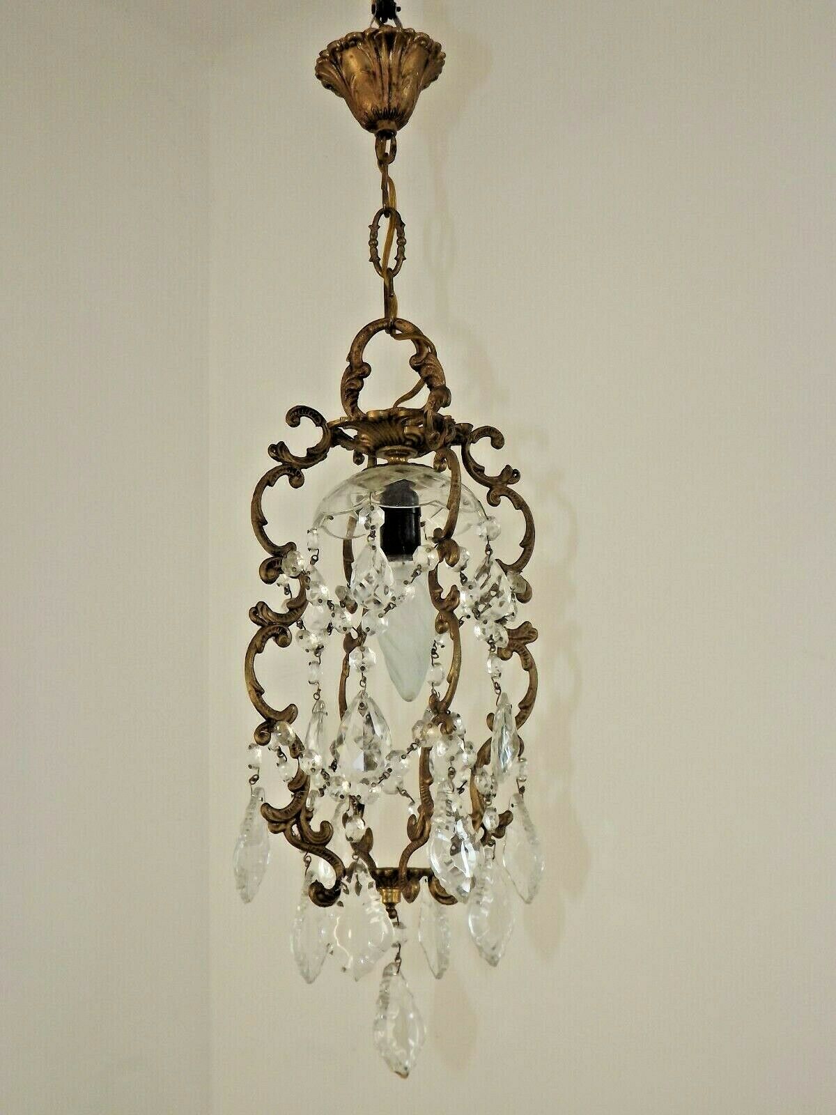 French antique small brass crystal & glass single light cage chandelier 3277