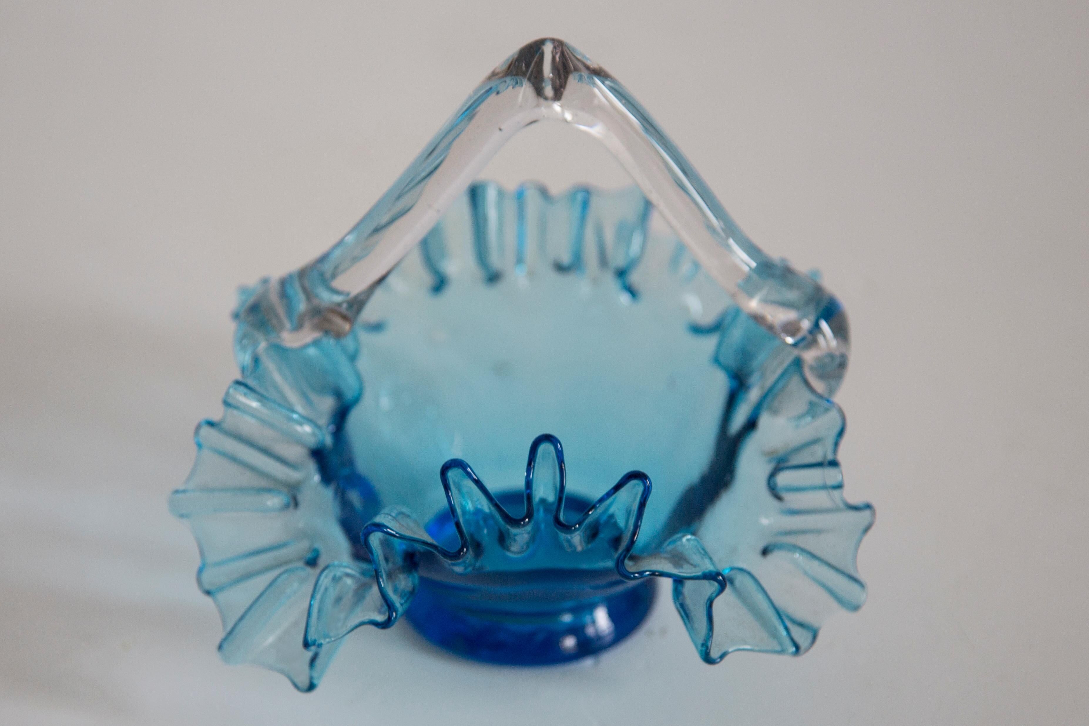 Vintage blue glass decorative basket with frills, Drost, Europe, 1960s